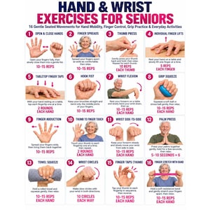 May include: An instructional chart titled HAND & WRIST EXERCISES FOR SENIORS featuring 16 numbered panels. Each panel displays a photograph demonstrating a specific hand or wrist movement, accompanied by descriptive text and repetition instructions.