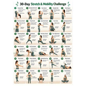 Könnte beinhalten: Ein 30-Day Stretch & Mobility Challenge Poster mit dreißig nummerierten Anleitungsfeldern. Jedes Feld zeigt eine Person in salbeigrüner Sportkleidung bei einer bestimmten Übung mit schriftlichen Anweisungen und empfohlenen Haltezeiten.