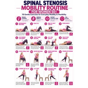 May include: A white informational chart titled Spinal Stenosis Mobility Routine for Women 50+ featuring 16 numbered exercise illustrations. Each section includes a pink icon, a descriptive title, a brief instruction, and a repetition count.