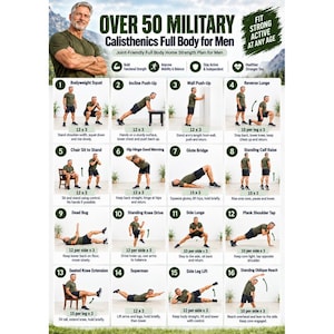Peut inclure: Une affiche de fitness intitulée Over 50 Military Calisthenics Full Body for Men présentant seize illustrations d'exercices numérotées. Chaque section affiche un mouvement, des instructions et des répétitions pour un programme de renforcement.