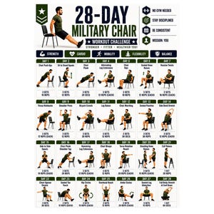 May include: A 28-day military chair workout challenge poster featuring a grid of 28 daily exercise routines. Each day includes a title, a visual illustration of a person performing the movement using a chair, and specific set and repetition counts.