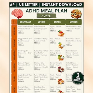 May include: A 7-day ADHD meal plan chart titled A4 | US LETTER | INSTANT DOWNLOAD. The grid lists daily breakfast, lunch, snack, and dinner options with calorie counts. It features illustrations of a brain, nuts, and various fruits.