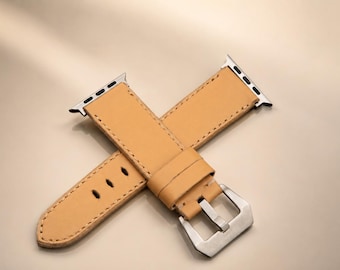 Handmade Beige Calf Leather Apple Watch Band, Customizable Length & Thickness (38-45mm)