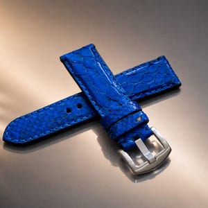 Correa de reloj Panerai de piel de pitón azul hecha a mano, longitud y grosor personalizables.