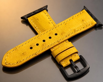 Handmade Yellow Ostrich Leather Apple Watch Band, Customizable Length & Thickness (38-45mm)