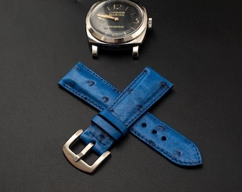 Handmade Blue Ostrich Leather Panerai Watch Band, Customizable Length & Thickness