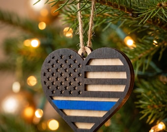 Personalized Police Heart Christmas Ornament, Custom Officers Name Badge Wood Keepsake, Thin Blue Line Flag Decor, Police Wife Academy Gift