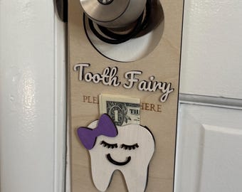 Personalized Tooth Fairy Door Hanger with money Pocket, Custom Wooden Tooth Pillow Alternative, First Lost Tooth Keepsake Gift for Boy Girl
