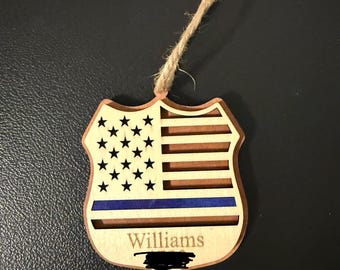 Personalized Police Badge Christmas Ornament, Custom Name Badge Wooden Shield, Thin Blue Line Flag Keepsake, Police Academy Gift