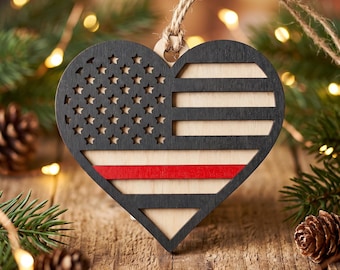 Personalized Firefighter Heart Christmas Ornament, Custom Name Badge Thin Red Line Wood Keepsake, Fire Department Gift, Fire Wife Gift