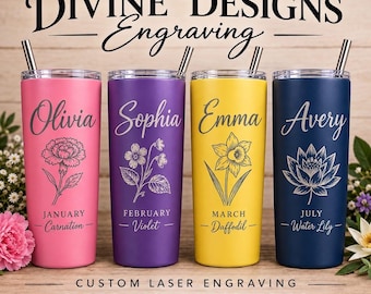 Personalized Birth Flower Tumbler with Straw 20oz, Custom Laser Engraved Skinny Travel Mug, Floral Name Coffee Cup, Bridesmaid Gift for her