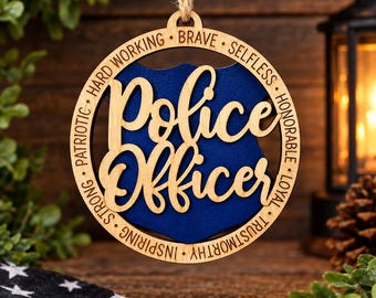 Personalized Police Officer Christmas Ornament, Custom Name Badge Blue Line Keepsake, Laser Engraved Wood Law Enforcement Gift for Cop