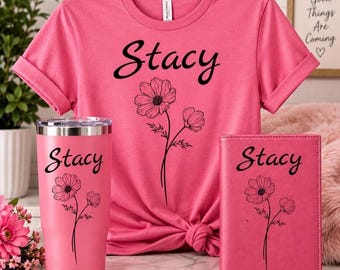 Personalized Birth Flower Gift Set, Custom Tumbler Shirt and Journal Bundle for Her, Floral Birthday Gift Box, Bridesmaid Proposal Gift