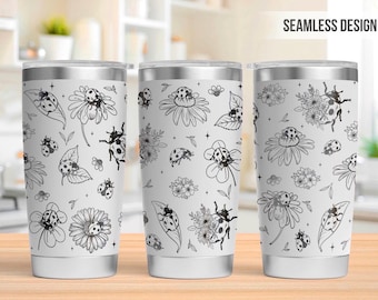 Ladybug Tumbler 20oz with Straw, Laser Engraved Floral Travel Mug, Cute Ladybug Gift for Gardener, insulated Stainless Steel Coffee Cup