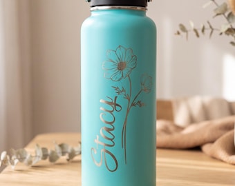 Personalized Water Bottle with Straw 32oz, Laser Engraved Name and Birth Flower, Custom insulted Stainless Steel Tumbler, Gift for Her