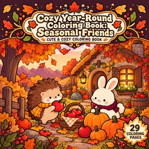 Puede incluir: Un libro para colorear titulado Cozy Year-Round Coloring Book: Seasonal Friends que muestra un erizo y un conejo en un paisaje otoñal con calabazas, manzanas y una cabaña. La portada incluye el texto Cute & Cozy Coloring Book y 29 Coloring Pages.