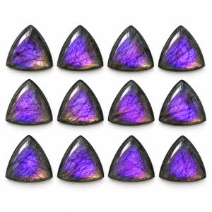 Pode incluir: Doze pedras preciosas de labradorite triangulares dispostas em três filas de quatro. Cada pedra apresenta uma superfície polida e lisa com um brilho iridescente roxo e azul, exibindo veios internos naturais e bordas cinza-escuras.