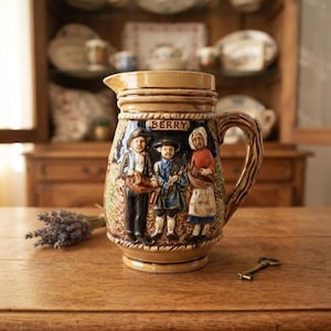 Peut inclure: Une cruche en céramique beige avec un relief représentant trois personnages en tenue traditionnelle. Le mot BERRY est gravé au-dessus des personnages. La cruche possède une anse texturée et un motif de corde en relief sur le haut et le bas.