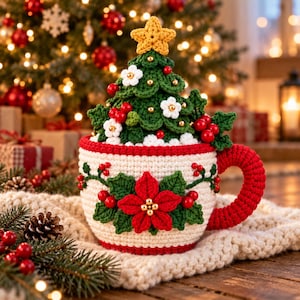 May include: A crocheted mug cozy featuring a cream-colored base with a red poinsettia and holly berry motif. A three-dimensional crocheted Christmas tree with a yellow star topper, white flowers, and red berries sits inside the mug.