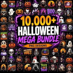 May include: A digital collection of 10,000+ Halloween PNG designs featuring various illustrations including ghosts, pumpkins, skulls, witches, haunted houses, and text graphics like Trick or Treat, Spooky Mama, and Halloween Vibes in a grid layout.