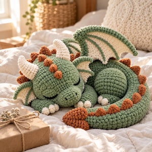 May include: A crocheted dragon plush toy in sage green with cream-colored wings, horns, and claws. The dragon features a row of textured rust-colored spikes along its back and tail, with closed eyes and a curled, sleeping posture.