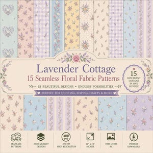 May include: A digital collection titled Lavender Cottage featuring 15 seamless floral fabric patterns in pastel shades of blue, yellow, and purple. The display includes various botanical prints, gingham checks, and striped designs with 300 DPI resolution.