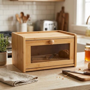 May include: A rectangular bamboo bread box featuring a clear glass front panel and a single wooden knob handle. The natural light-colored wood grain is visible throughout the structure, which includes a drop-down door for access.
