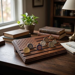May include: A dark wood display stand featuring a carved American flag pattern with horizontal grooves for holding circular challenge coins. Several metallic coins with various emblems are inserted into the slots of the wooden base.