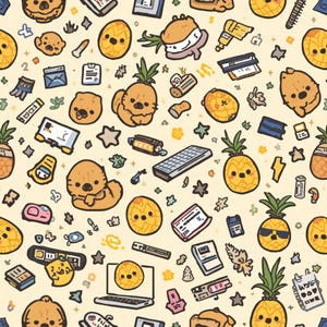 以下が含まれることがあります： 明るいクリーム色の背景に、様々な表情の漫画風パイナップル、小さな茶色の毛むくじゃらの生き物、コンピュータのキーボード、ノートパソコン、カメラ、そして黄色、茶色、青の色合いの様々な事務用品が描かれた繰り返しパターン。