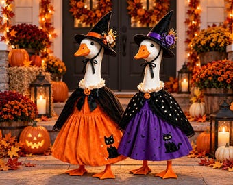 Halloween Goose Witch Costume for 23 Inch Porch Statue, Black Cat Dress Outfit, Fall Farmhouse Yard Decor, Halloween Season Goose Clothes