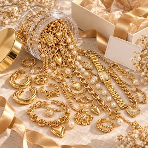 May include: A collection of gold-toned jewelry including necklaces, bracelets, rings, hoop earrings, and a wristwatch spilling from a clear plastic jar. The items feature heart, flower, and bow motifs, along with white pearl-like accents.