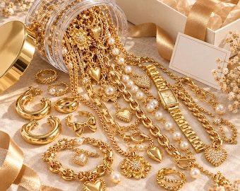 Gold Tone Jewelry Mystery Box,Surprise Fashion Jewelry Jar,Mixed Gold Accessories Blind Box,Rings Earrings Necklaces Bracelet Gift for Women