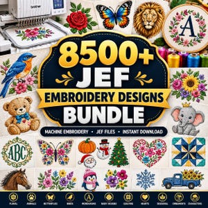 May include: A digital collection of 8500+ JEF embroidery designs featuring a variety of stitched graphics including a blue bird, teddy bear, lion, butterfly, floral arrangements, a snowman, a Christmas tree, and a truck with sunflowers.