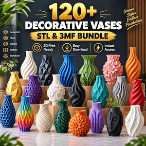 Può includere: Una collezione digitale di oltre 120 vasi decorativi in formati STL e 3MF per la stampa 3D. L'immagine mostra vari design di vasi in colori tra cui bianco, nero, blu, verde, rosa, arancione, rosso, viola e una sfumatura arcobaleno.