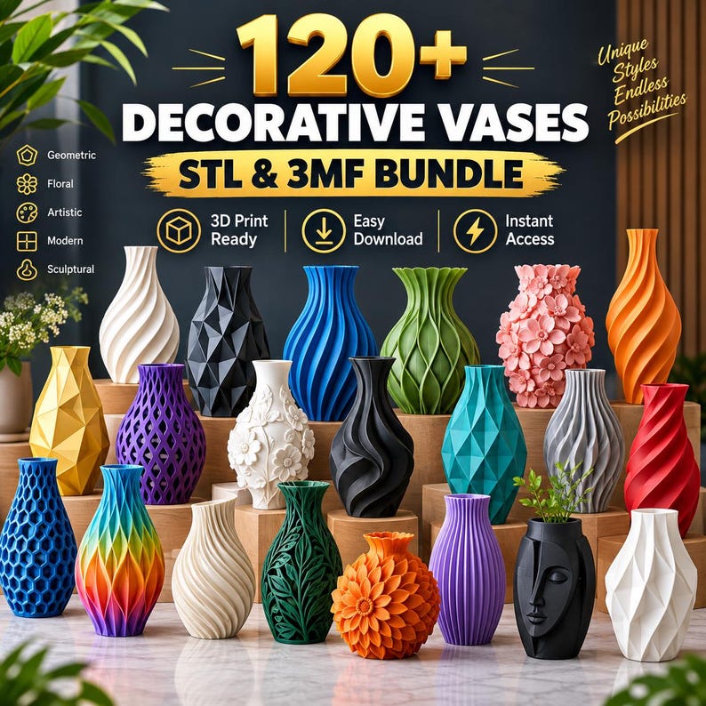 May include: A digital collection of 120+ decorative vases in STL and 3MF formats for 3D printing. The image displays various vase designs in colors including white, black, blue, green, pink, orange, red, purple, and a rainbow gradient.