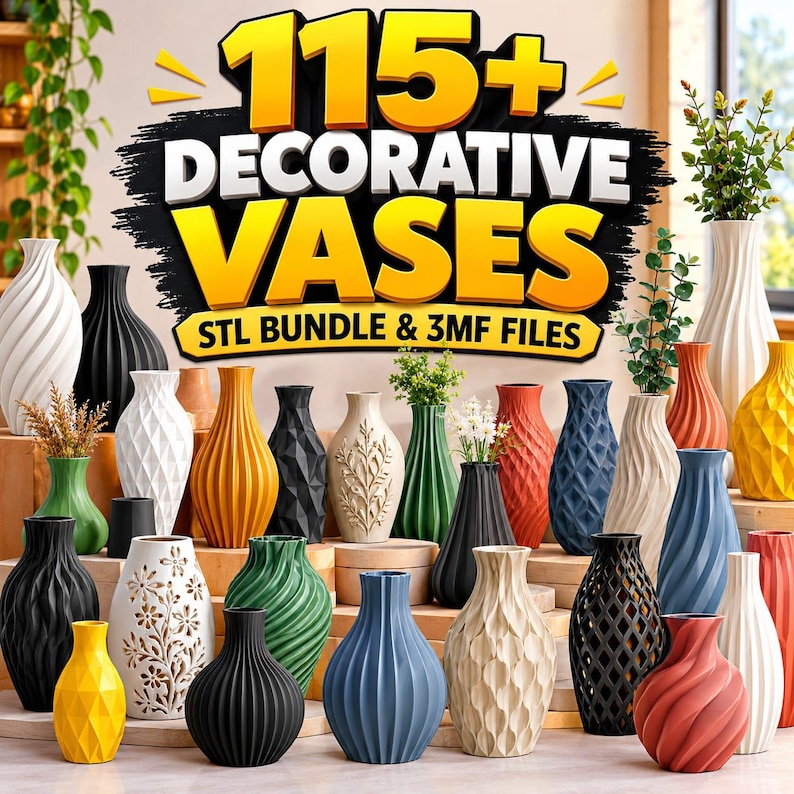 May include: A collection of various decorative vases in multiple colors and textures, including spiral, geometric, and floral patterns. The text 115+ DECORATIVE VASES STL BUNDLE & 3MF FILES is displayed prominently in bold yellow and white lettering.