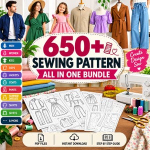Puede incluir: Un paquete de patrones de costura digitales con más de 650 diseños para hombres, mujeres y niños. La imagen muestra hojas de patrones impresas, una máquina de coser, carretes de hilo de colores, tijeras y una cinta métrica.