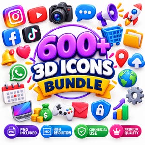 Può includere: Una collezione digitale di oltre 600 icone 3D con loghi di social media, una fotocamera, un razzo, un carrello della spesa, un globo, un calendario, un portatile, un controller di gioco e vari simboli con il testo 600+ 3D ICONS BUNDLE, PNG INCLUDED, HIGH RESOLUTION, COMMERCIAL USE, PREMIUM QUALITY.