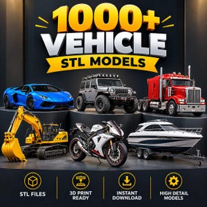Op de afbeelding: Een digitale collectie van 1000+ voertuig STL-modellen voor 3D-printen. De afbeelding toont een blauwe sportwagen, een grijs terreinvoertuig, een rode vrachtwagen, een gele graafmachine, een witte sportmotor en een witte boot op een trailer.