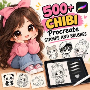 May include: A digital illustration of a chibi character with long brown hair and a pink bow, next to text reading 500+ CHIBI Procreate STAMPS AND BRUSHES. A tablet displays line art and brush settings, with additional paper-style sketches of a panda and cat.