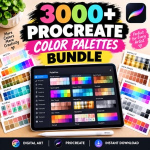 Könnte beinhalten: Ein digitales Kunstpaket mit über 3000 Procreate-Farbpaletten, die auf einem Tablet-Bildschirm und gedruckten Karten angezeigt werden. Die Benutzeroberfläche zeigt kategorisierte Farbfelder, darunter Pastell, Neon, Erdtöne, Metallic und Hauttöne.