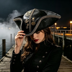 Puede incluir: Un sombrero de tres picos negro con engranajes de metal dorado y adornos de calaveras en la corona. El ala está acentuada con una hilera de pequeños tachones dorados. El sombrero tiene una superficie texturizada y se lleva con una chaqueta negra con botones plateados.
