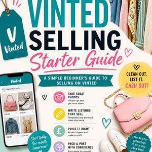 Puede incluir: Una infografía titulada Vinted Selling Starter Guide con texto, un smartphone mostrando la aplicación Vinted, un bolso rosa, zapatillas blancas y ropa en perchas. La guía incluye secciones sobre cómo tomar fotos, escribir anuncios y envíos.
