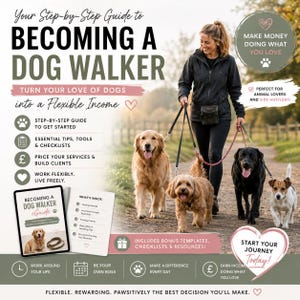 以下が含まれることがあります： Becoming a Dog Walkerというタイトルのデジタルガイドで、ビジネスの始め方、ヒント、チェックリストに関するテキストが記載されています。画像には、小道で4匹の様々な犬種をリードで散歩させている人物が写っています。
