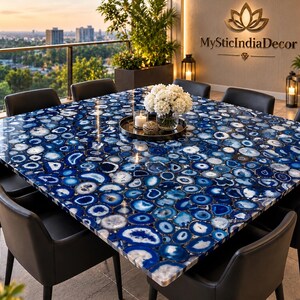 Blue Agate Square Dining Table, Natural Gemstone Stone Tabletop, Luxury Crystal Dining Table, Modern Statement Furniture, Custom Home Decor