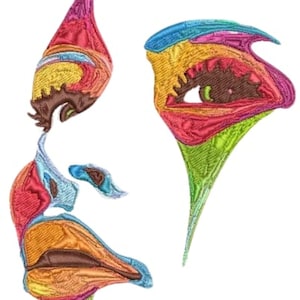 May include: A multi-colored embroidered patch featuring an abstract design of a human face in profile. The embroidery uses vibrant threads in shades of pink, yellow, orange, green, and blue to create distinct shapes representing the eye, nose, and lips.