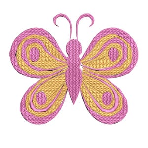 May include: A butterfly embroidery design featuring a textured pattern in shades of pink and gold. The insect has two symmetrical upper wings and two lower wings with rounded edges, a central body, and two thin, curved antennae at the top.