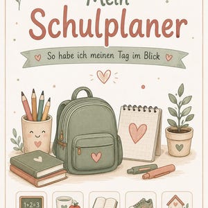 May include: A school planner cover featuring the text Mein Schulplaner and So habe ich meinen Tag im Blick. The illustration includes a green backpack, a pencil holder with a face, books, a grid notebook, a plant, and icons for Lernen, Pause, Aufgaben, Sport, and Zuhause, with the text Ich gebe mein Bestes - jeden Tag!
