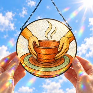 May include: A circular stained glass suncatcher featuring a design of two hands shaping a clay bowl on a pottery wheel. The piece is framed in black metal with a hanging chain, displaying warm orange, brown, and teal tones with textured glass.