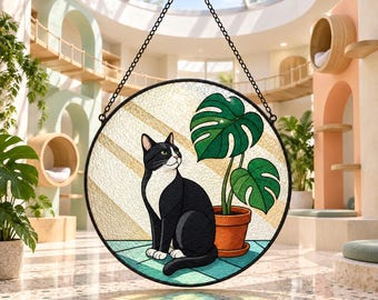 Tuxedo Cat Suncatcher, Monstera Window Hanging, Cat Lover Gift, Plant Decor